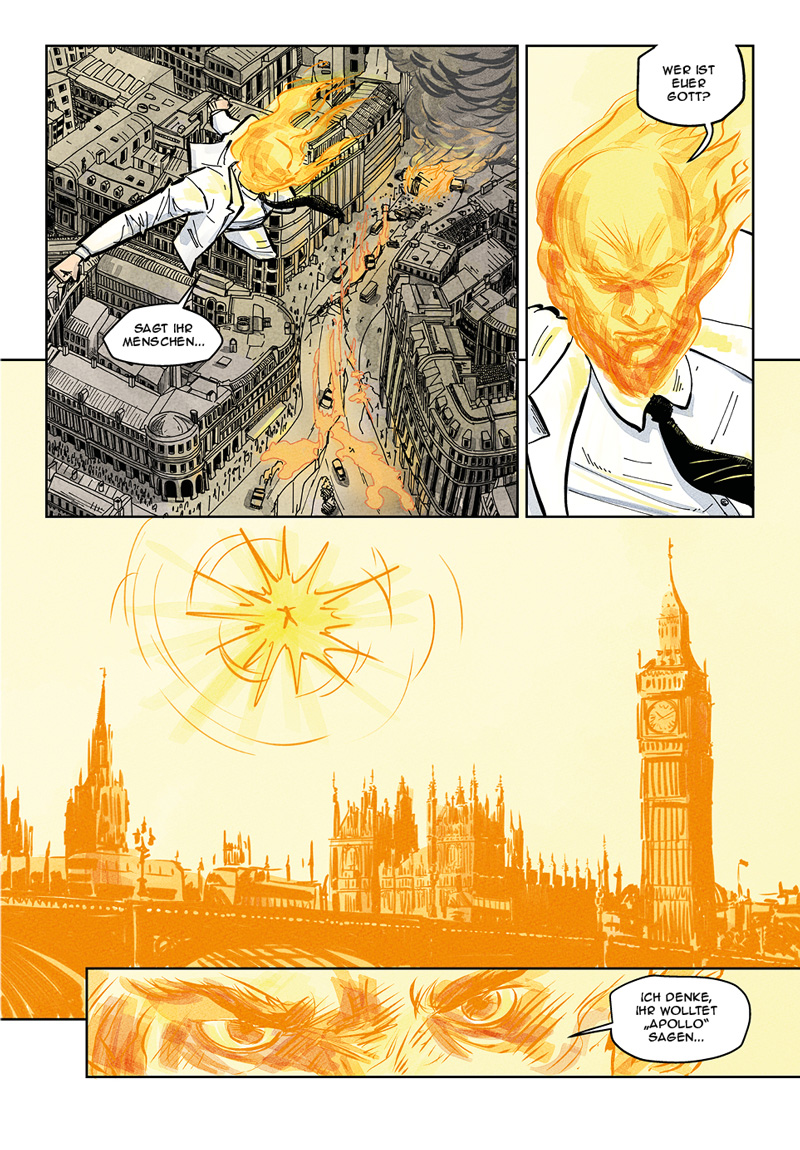 Hades 03 comic page. Appollo burns London.