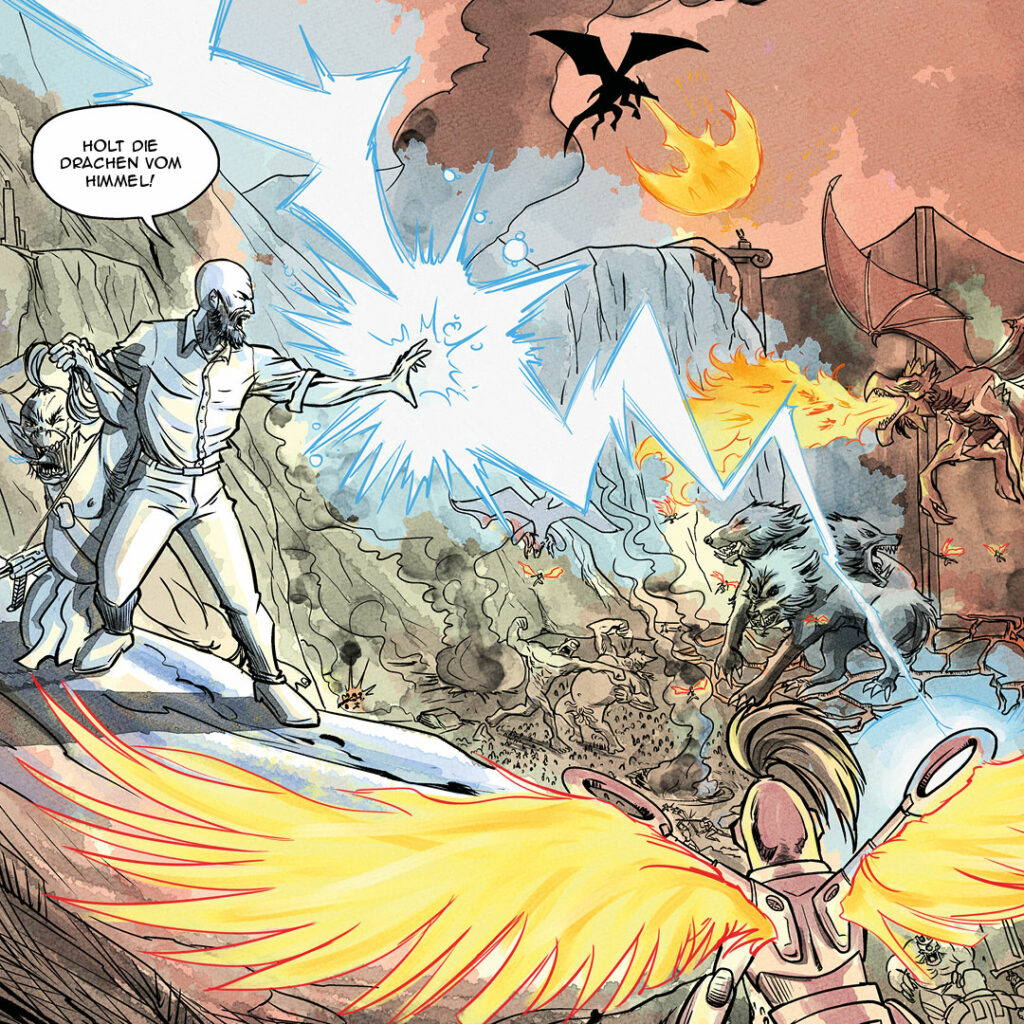 Comic book drawing from Hades 2, Zeus in the underworld, throwing lightnig at monsters